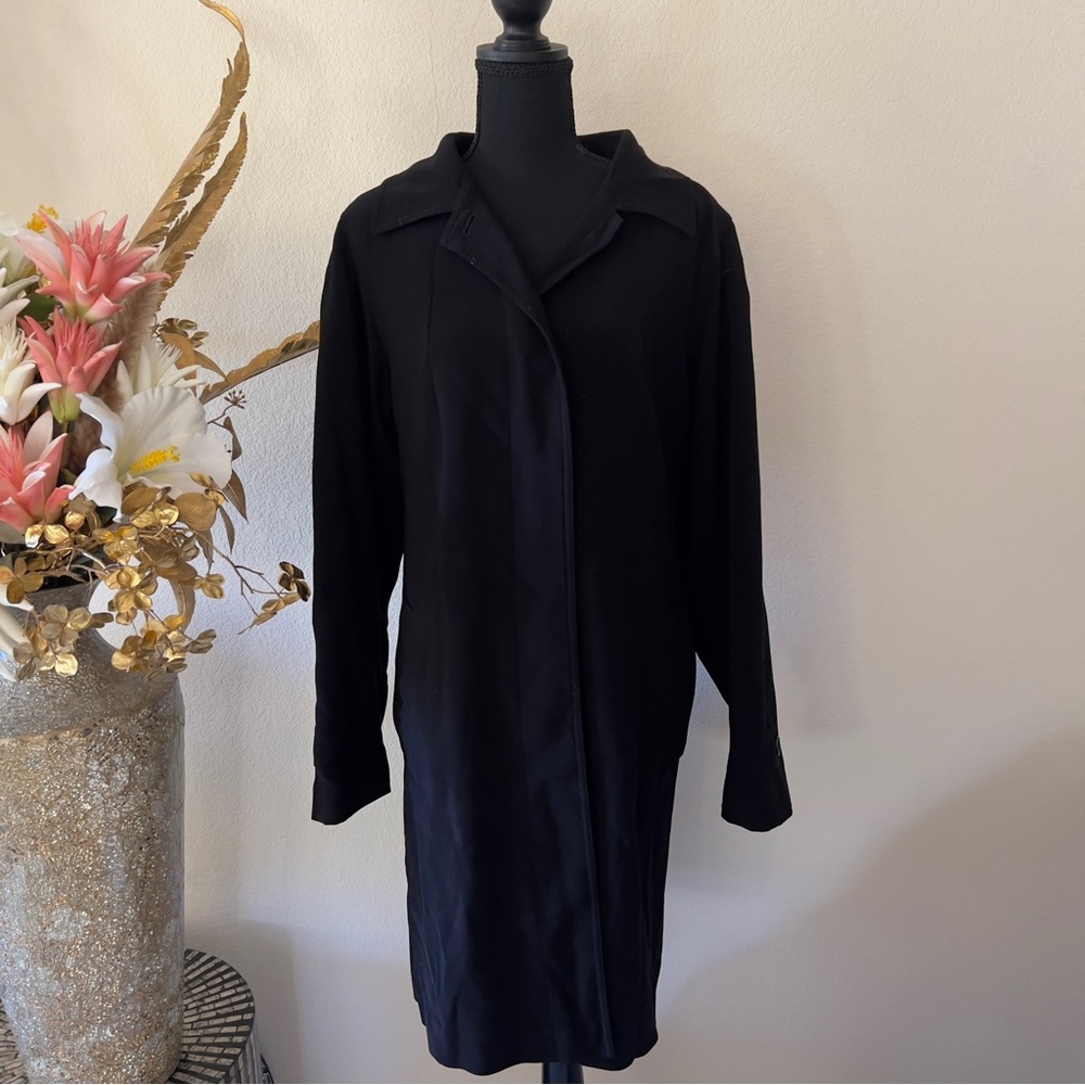 GALLERY Chic Black Collared Trench Coat w Hidden Buttons